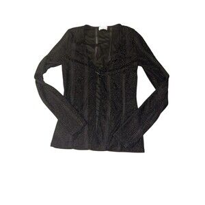 Meshki Womens‎ Top Mesh Stripe Black Metallic Shimmer Cardi Long Sleeve M